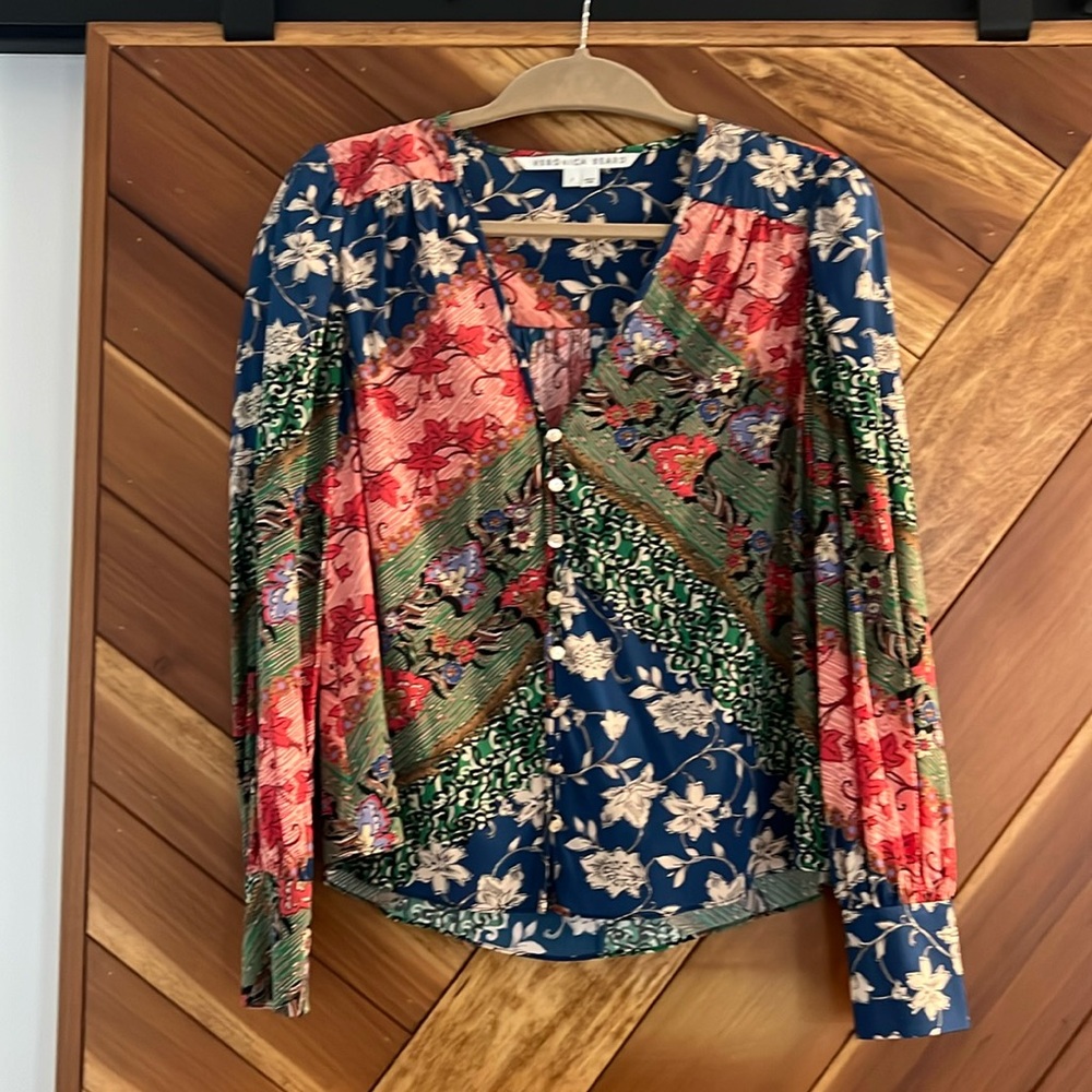 Veronica Beard Patchwork Multi Colored Silk Blous… - image 1
